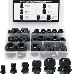MAKERELE Cord Grip Cable Glands Kit for Electrical Box NPT Waterproof Nylon Strain Relief 1/4 3/8 1/2 3/4 1 1-1/4 50pcs Junction case Connector Black With Gaskets