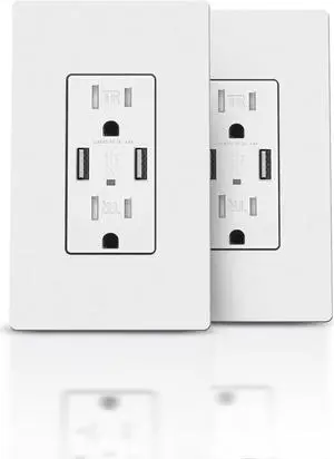 2Pack USB Wall Outlet, Receptacle Outlet with 4.8A Charging Capacity, 15A Tamper Resistant Electrical Socket, Screwless Wall Plate Included, UL & FCC Approved, White