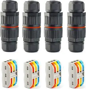 Upgraded 4 Pack Junction Box Outdoor Waterproof IP68, 3 Pole Wire Connector, External Sleeve Coupler Cable Range 0.16-0.39 Inch (4-10 mm) Black