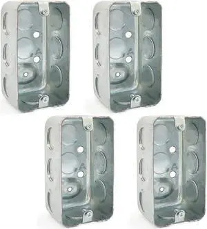 (Pack of 4) 4x2 Inch Utility Size Single Gang Electrical Box, Handy Box, Ten 1/2 Inch Knockouts, Raised Ground, 13 Cu. in. Capacity, 1-7/8" Deep, Galvanized Steel, Drawn Construction, Outlet Box,