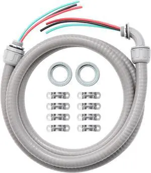 Power Whip Assembly Kit -1/2" x 10ft Non-Metallic Liquid Tight with 10 Gauge Wire Electrical AC Whip Kit Flexible Electrical Conduit & straight/90°Fittings