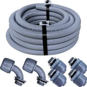 Sealproof 3/4-Inch Non-metallic Liquid-Tight Conduit and Connector Kit, 25 Foot Made in USA Flexible Electrical Conduit Type B with 4 Straight and 2 90-Degree Conduit Connector Fittings, 3/4" Dia