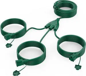 18 Ft Outdoor Extension Cord Multiple Outlet, 1 to 3 Outdoor Extension Cord Splitter with Safety Cover, 3 Prong Plug with 3 Extended Outlets, 16/3 SJTW Green Extension Cord Outdoor Waterproof