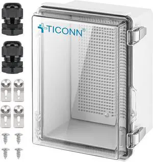 TICONN Waterproof Electrical Junction Box IP67 ABS Plastic Enclosure with Hinged Cover with Mounting Plate, Wall Brackets, Cable Glands (Clear, 8.7"x6.7"x4.3")