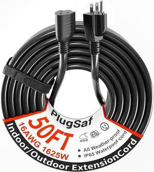 Black Outdoor Extension Cord 50 ft 16/3 Gauge Waterproof, Cold Weatherproof -58°F, Flame Retardant, Flexible 3 Prong Heavy Duty Electric Cord for Lawn Office,13A 1625W 16AWG SJTW, ETL Listed PlugSaf