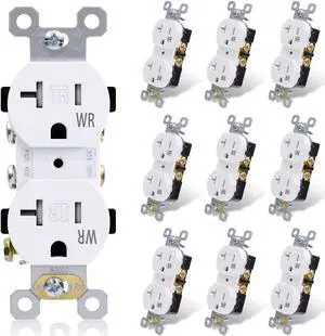 ELEGRP 20 Amp 125V Duplex Receptacle, Standard Electrical Wall Outlet, TR Tamper Resistant and WR Weather Resistant, 2 Pole 3 Wire, Self-Grounding, Residential Grade, UL Listed, Glossy White, 10 Pack