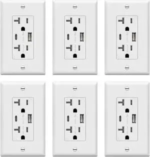 TOPGREENER USB Outlet, 20 Amp Type C USB Wall Charger Outlet, Tamper-Resistant Receptacle with 2 USB Charging Ports for iPhone 15 Series & More, Wall Plate Included, TU22036AC-W-6PCS, White, 6 Pack