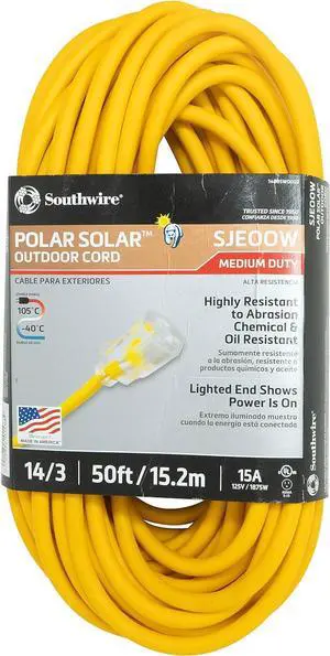 Coleman Cable 14880002 1488SW0002 14/3 Insulated Outdoor Extension Cord with Lighted End, 50-Foot, Feet, Yellow