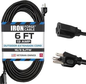 Iron Forge Cable Christmas Extension Cord 6 Ft, 16/3 Black Extension Cord 6 Foot 3 Prong, Indoor & Outdoor, 13 AMP Weatherproof Exterior Extension Cord, for Christmas Lights, Household Appliances