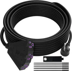 Outdoor Extension Cord 75 FT with 3 Outlets, Prong 90 Degree Angled Plug, 12/3 Heavy Duty 12 Gauge Power Cable, 12AWG, SJTW, 15A, 125V, 1875W, ETL Listed, Black Wire, Free Carrying Strap+Ties