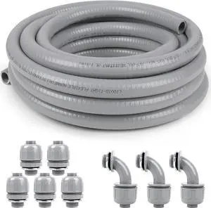 Elecoman 3/4inch 50ft Liquid-Tight Conduit and Connector Kit,Flexible Non Metallic Liquid Tight Electrical Conduit Kit with 5 Straight and 3 90-Degree Conduit Connector Fittings,3/4 in. Dia