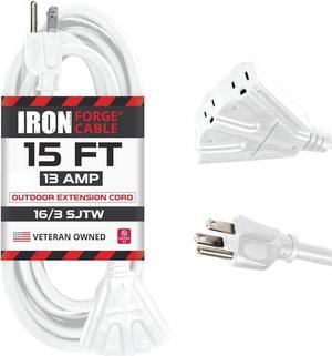 Iron Forge Cable 15 Ft Extension Cord 3 Outlets 3 Prong,16/3 Weatherproof White Extension Cord with Multiple Outlets 15 Foot, 13 Amp SJTW Outlets, for Indoor & Outdoors, Christmas Lights Decoration