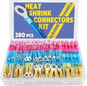 haisstronica 280PCS Marine Grade Heat Shrink Wire Connectors-Electrical Connectors Kit of Tinned Red Copper,Crimp Insulated Ring Fork Spade Butt Splice(3Colors/21Size) 16-14 22-16 12-10 Gauge