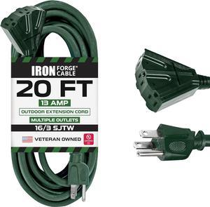 Iron Forge Cable Outdoor Extension Cord 20 Ft 3 Outlets for Christmas Lights, 16/3 Weatherproof Green Extension Cord with Multiple Outlets 3 Prong, 13 Amp Power Cord 3 Way Plug for Outdoor Decorations