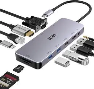 USB C Hub, ICZI 11 in 1 USB Hub 4K HDMI Adapter, USB C Laptop Docking Station with Audio/AUX, 100W PD, VGA, Ethernet, 4 USB Ports, SD/TF, USB C Dock for MacBook Pro Air Mac iPad  Hp Lenovo, etc