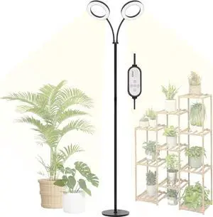 Grow Light for Indoor Plants, 2 Head Full Spectrum LED Halo Plant Lights with Stand, Floor Standing Growing Lamp with Adjustable Height,Auto Timer,Dimmable Brightness for Tall Large Plants