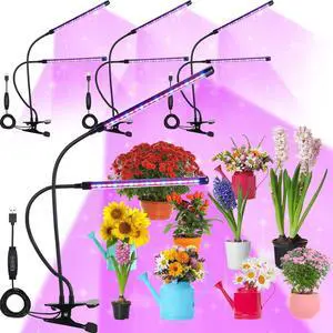 4 Pack LED Grow Lights for Indoor Plants, Full Spectrum Dual Head Plant Lights, Auto On/Off Timer 3/9/12H, 9 Level Dimmable, Adjustable Plant Growing Lamp