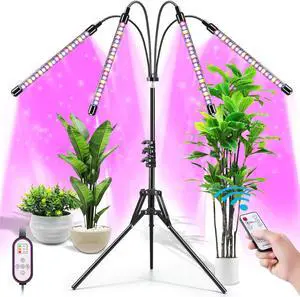 Plant Grow Light with Adjustable Tripod Stand (14"-63"), 4 Head Floor LED Grow Lamp for Indoor Plants with Dual Controllers,100W Full Spectrum Plant Lights with Timer, 10 Brightness