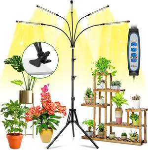 Wolezek Grow Lights for Indoor Plants Full Spectrum, LED Grow Light with Adjustable Stand and Sturdy Clip, 5-Heads Plant Grow Lights Indoor with Auto 6/12/16H Timer, 3 Light Modes, 5 Levels Dimmable