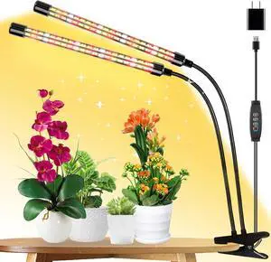 Upgraded LPMZMBL 2 Heads Full Spectrum Plant Grow Lights with Clips and 10 Feet Cables,10 Dimmable Levels and 3/9/12H Timer for Seed Starting (Adapter Included)