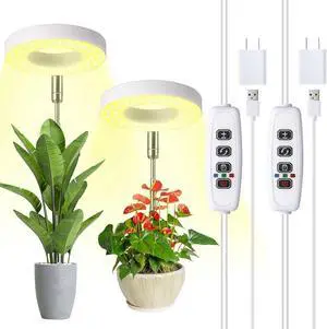 Halo Ring Grow Lights for Small Indoor Plants, Warm+White 96LEDs Full Spectrum Plant Light, Height Adjustable with 5V 2A Adapter, 3/9/12H Timer, 3 Spectral Modes, 10 Dimmable Levels, Angel Ring 2 Pack