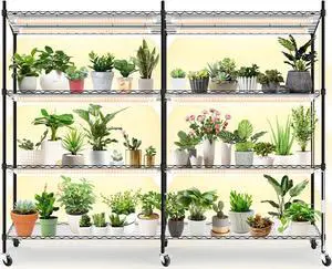 Plant Shelf with Grow Light, 4-Tier Large Grow Light Shelf with Wheels, Stainless Steel, 12-Pack 288W T8 Full Spectrum Grow Lights for Seed Starting(57.4" L x 13.8" W x 59" H)