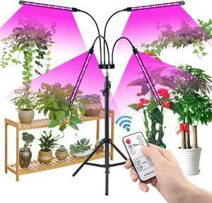 Plant Grow Light with Stand, 4 Heads Grow Lamps with Red Blue Spectrum, 10 Dimmable Brightness, 4/8/12H Timer, 3 Switch Modes, Indoor Plant Light with Remote Control