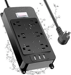 Outdoor Power Strip Weatherproof with 3 USB Ports, Outdoor Surge Protector Waterproof 6 Outlets 6 ft Extension Cord, Overload Protection, Mountable for Bathroom Kitchen Patio Cruise Ship Black