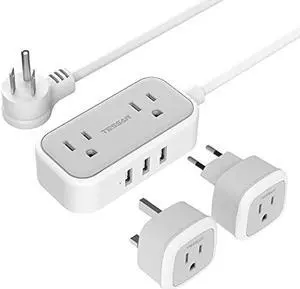 TESSAN European Travel Plug Adapter with Power Strip, EU UK Travel Extension Cord with 2 Outlet 3 USB, International Power Adaptor for US to Europe Italy Spain France Ireland (Type C/G/A)