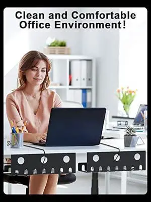 Delamu 2 Pack Metal Under Desk Cable Management Tray, U-Channel Cord Organizer Box, Office Under Desk Cord Organizers, Cable Management with Various Accessories, Black, 15.75 Inches