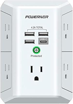 USB Wall Charger,POWERIVER Multi Outlet Extender Surge Protector with 4 USB Ports(1 USB C,4.2A Total) 1680J Power Strip Multi Plug Wall Outlet Adapter Spaced for Home School Office,ETL Listed,White