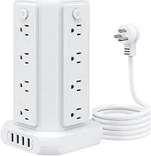 Power Strip Tower Surge Protector, 16 Outlet Desktop Charging Station, Individual Switch, 5 ft Flat Plug Extension Cord with Multiple Outlets, for Home Office Dorm Room Essentials White