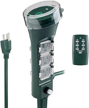 BN-LINK Outdoor Power Stake Timer, 100FT Wireless Remote Control, Dusk to Dawn Sensor for Outdoor Lights, 6 Grounded Outlets, 6ft Extension Cord, 1875W/15A,Christmas/Halloween Decorations, ETL Listed
