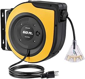 DEWENWILS Retractable Cord Reel, 60 FT Heavy Duty Extension Cord, 12AWG/3C SJTOW, 3 Grounded Outlets Lighted Triple Tap, 15A Circuit Breaker, Wall/Ceiling Mounted for Garage and Workshop, UL Listed