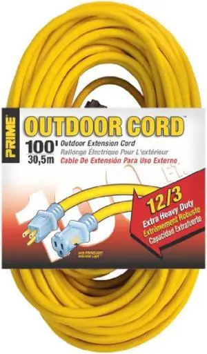 Prime Wire & Cable EC511835 Prime Extension Cord, 12/3 ga, 15 A, 125 V, 100 ft L, Yellow