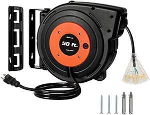 DEWENWILS Retractable Extension Cord Reel, 50 FT Heavy Duty Power Cord, 14AWG/3C SJTOW, 3 Grounded Outlets Lighted Triple Tap, 13 Amp Circuit Breaker, UL Listed