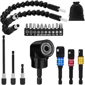 Flexible Drill Bit Extension Set 19pcs, Hex Shank 105°Right Angle Drill Bit Attachment, 3pcs Drill Bit Holder Extension, 1/4 3/8 1/2 Universal Socket Adapter, Screwdriver Bit Kit
