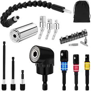 22pcs Flexible-Drill-Bit-Extension Set, 105°Right-Angle-Drill Attachment,Hex Shank Drill-Bit-Kit Rotatable Joint Socket 1/4 3/8 1/2 In Hex Socket Adapter Bendable Drill-Bit-Extension Screwdriver Bit