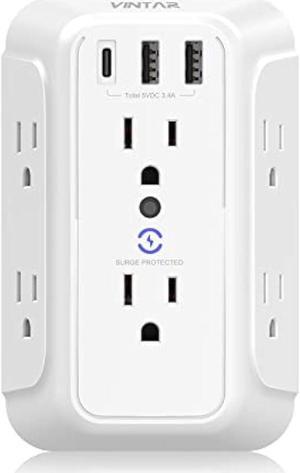 USB Wall Charger, Surge Protector, 6 Outlet Extender with 3 USB Charging Ports (1 USB C, 3.4A) 900J Power Strip Multi Plug Outlets, Wall Mount Power Strip for Home Travel Office ETL Listed