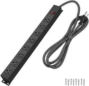 Metal 8 Outlet Mountable Power Strip with Switch,Wide Spaced Heavy Duty Wall Mount Power Strip Surge Protector 1200J,10FT 14AWG Braided Cord 15A 125V 1875W for Home Office Industrial Garage Commercial