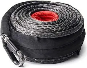 BUNKER INDUST Synthetic Winch Rope 3/8 x 85', 25000 Ibs Winch Cable Line with Protective Sleeve for 4WD Off Road Jeep ATV UTV SUV Truck Boat,1 Pcs Black Winch Rope Extension