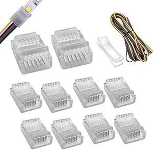 6pin led Connector 12mm Wide Unwired Gapless Solderless Strip to Wire Quick Connectors Adapter With 5m Extension Cord for Waterproof or Non-Waterproof RGB WW or RGB+CCT LED Strip Lights-10Packs