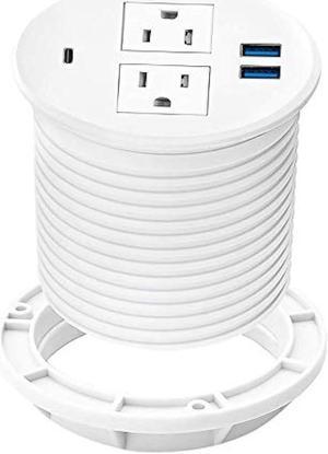 Kungfuking Desktop Power Grommet with PD 20W USB C,Recessed Power Strip with USB Port, Desk Outlet Socket with USB C,2 AC Outlets and 3 USB Charging Port 6.56 FT Extension Cord