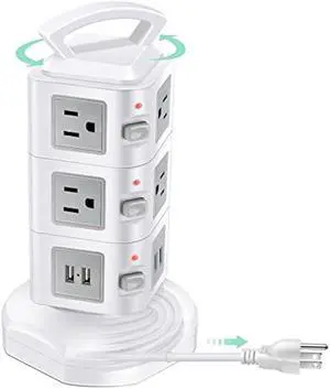 Power Strip Tower Surge Protector, Retractable Extension Cord with Multiple Outlets, 10 AC Outlets with 4 USB Ports Charging Tower, Multi Plug Outlet Extender Desktop Charging Station for Home Office