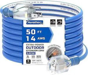 AWELTEC Outdoor 14/3 Extension Cord 14AWG 50FT 15Amp 1875Watts, TPE Rubber SJEOW (-58°F to +221°F) Lighted Power Cord, Blue + White, UL Certified (50ft/15.24m)