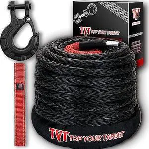 TYT Synthetic Winch Rope Kit - 1/2 x 92' with 32000 lbs Strength, Protective Sleeve, Heavy Duty Hook and Safety Pull Strap for Off-Road 4x4 Vehicles, Trucks (Black)