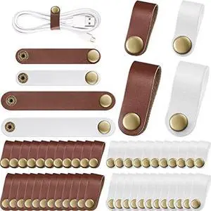 52 Pieces PU Leather Cable Straps, Earbud Cord Organizer, PU Leather Handmade Portable USB Cord Holder, Earphone Cable Tie Cable Management, for Travel, Home, School, Office (Beige, Chestnut Brown)
