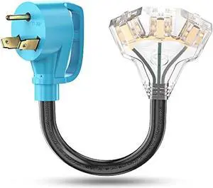 CircleCord 30 Amp to 110V RV Distribution Adapter Cord, NEMA TT-30P Male to 3X 5-15R/5-20R T-Blade Household Outlet Female with LED Power Indicator
