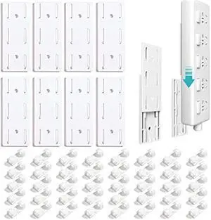 Power Strip Holder and Cable Clips Kit, 8Pcs Adhesive Punch-Free Socket Holder with 40Pcs Adhesive Cable Organizer, Power Strip Wall Mount Cable Management for Kitchen,Home and Office