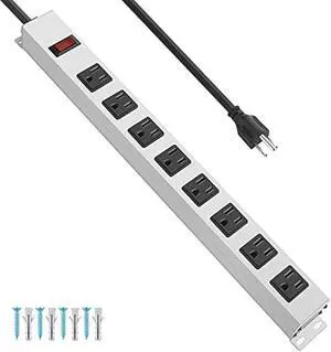 JUNNUJ Metal 8 Outlet Power Strip, Mountable Heavy Duty Power Strip, 1200J Surge Protector Wall Mount Screws Outlet with Switch, Gaming Desk Strips Wide Spaced 15A 125V 1875W, 6 FT 14AWG Power Cord